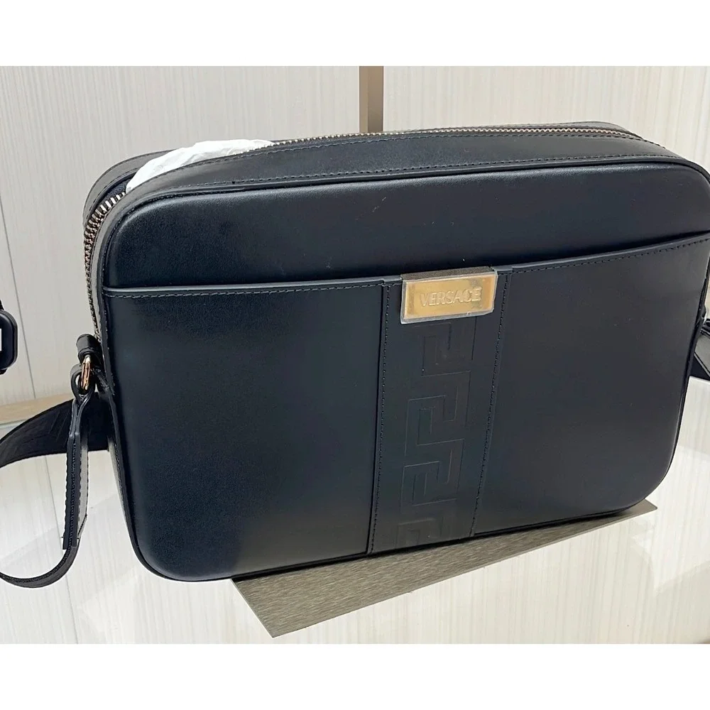 Versace Black Box Leather Shoulder Bag Embossed Greca Crossbody 1010737 Italy
